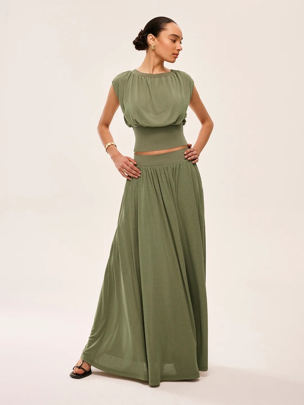 Commense Olive Green Maxi Skirt - Elegant Flowing Silhouette